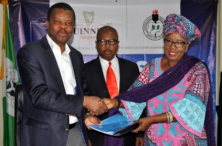 L-R, Director, Corporate Relations, Guinness Nigeria Plc, Sesan Sobowale, Director Legal Services National Youth Service Corp, Ahmed Tijani Ibrahim and Director, Community Development Services, NYSC, Rhoda Kaka Kwaki, during the signing of Memorandum of Understanding between Guinness and NYSC on Responsible Drinking Campaign Initiative held in Abuja.Date:04-11-2016. 