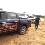 Nkechi, female participant, volleying her last ball into the truck load bed, ready to hit the rough road in the Ranger