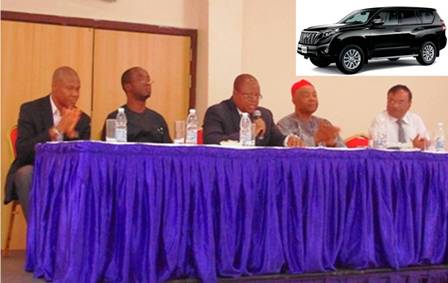 L-R: Mr. Aderungboye Adewole, PAN Nigeria Ltd., Mr. Maduabuchukwu Okeke, Managing Director, Anammco Ltd., Mr. Tokunbo Aromolaran, Chairman, Nigeria Automotive Manufacturers Association (NAMA), Dr. David Obi, Chairman, Motor Vehicles& Miscellaneous Assembly Sectorial Group and Mr. Prakash Kharat, Plant Head, Stallion Nissan Motors Nigeria during the NAMA special media conference held at the Golden Tulip Festac Lagos on Tuesday April 26th 2016.(Copyright Motoring World Intl.)