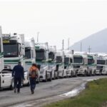 Spanish truckers take part in a national strike amid soaring fuel and operating costs, in Noain, Spain, March